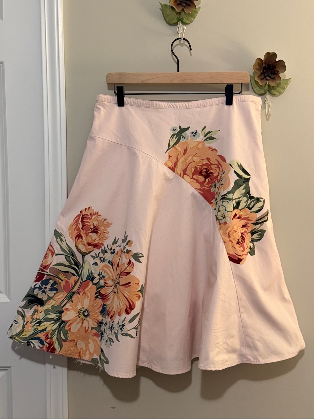 Anthropologie Pink A-Line Skirt with Peach Floral Print